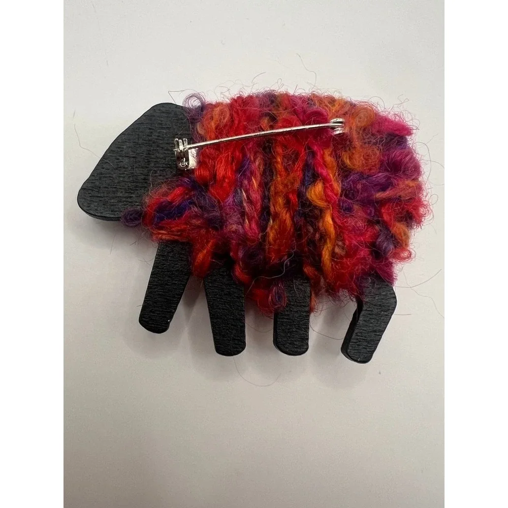 Handmade Black Sheep Brooch Textile Wool Fiber Wood Statement Pin Folk Art 2.75